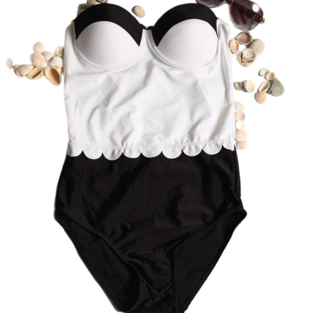 Lukitty 1 Pc Swimsuit, S, white & black classy beach, top cupped and padded